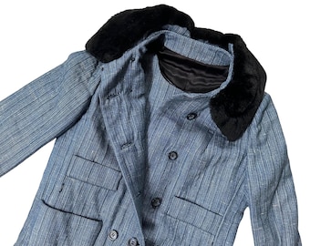 Conjunto de chaqueta y top vintage para mujer, talla 14, tela a rayas azules, forro de piel sintética, peso invernal