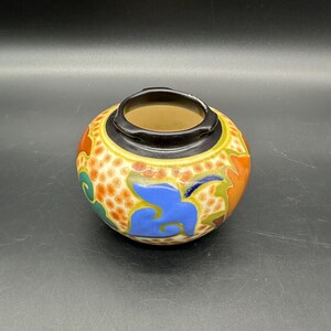 Vintage Vase Colorful Japan Ceramic Floral Leaves Black Blue Orange Small