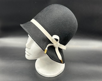 Vintage Wool Felt Hat Mid Century Black White Bucket Superbe Union Made Womens