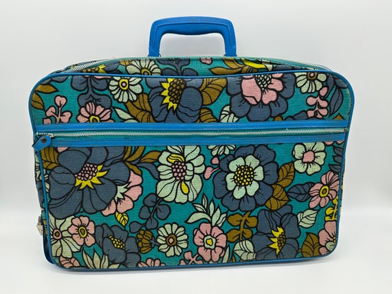 Vintage Suitcase Bantam Flower Power Luggage Blue Pink Canvas