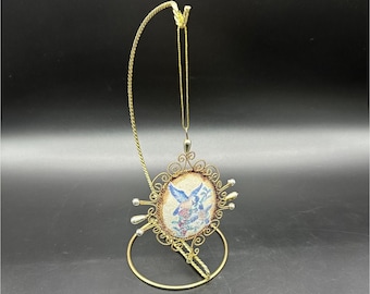 Vintage Blue Bird Ornament Gold Toned Filigree Sugar Texture Oval Hanging Decor