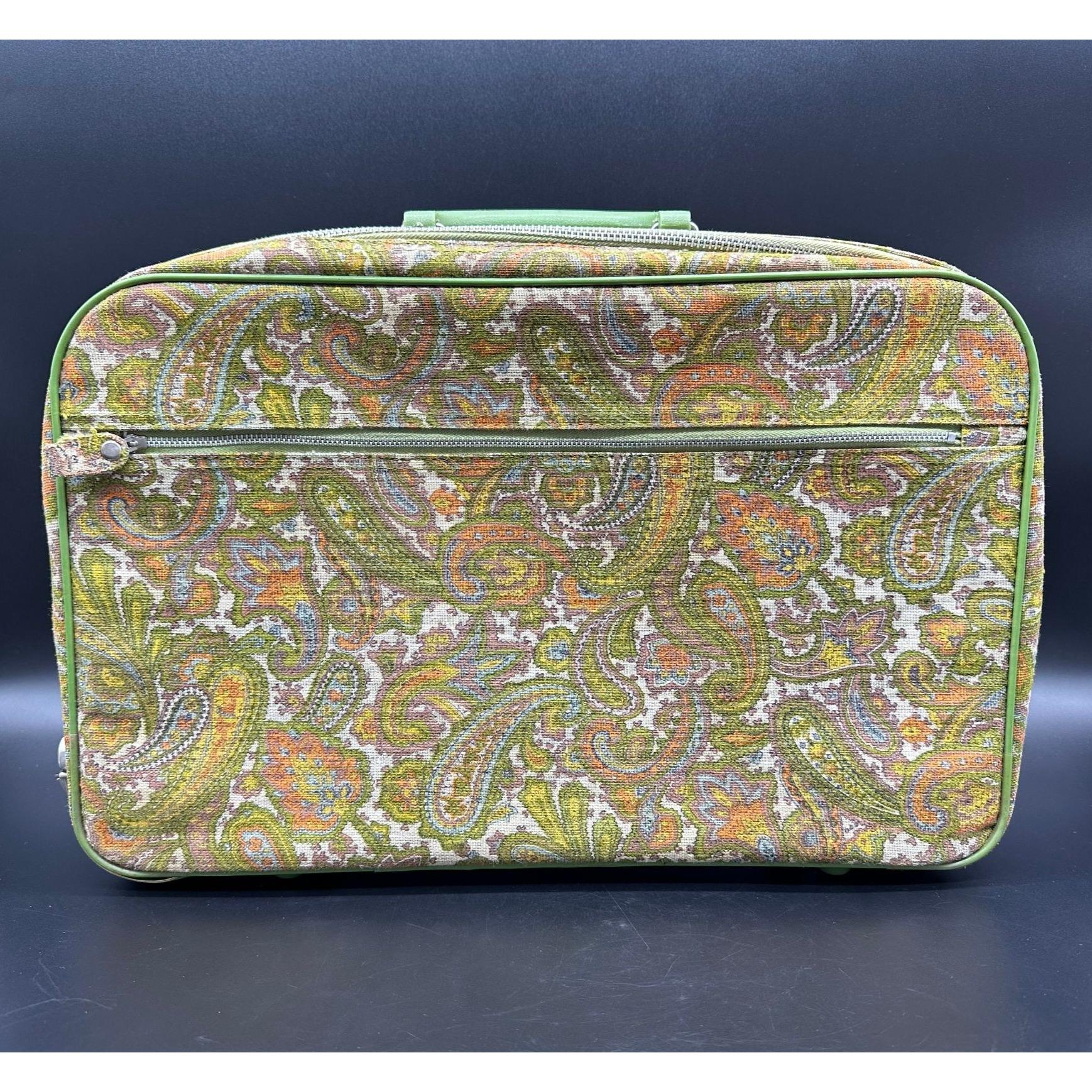 Vintage Suitcase Key Paisley Avocado Green Orange 1970s Travel Canvas Luggage