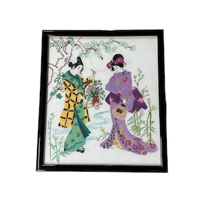 Vintage Framed Needlepoint Long Stitch Crewel Embroidery Japanese Geisha Handmade 1980s Art 19&quot; x 21&quot;