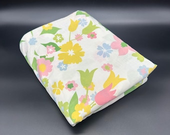 Vintage Full Flat Sheet 1960s Floral Flower Power Cannon USA Retro Yellow Pink Green Fabric