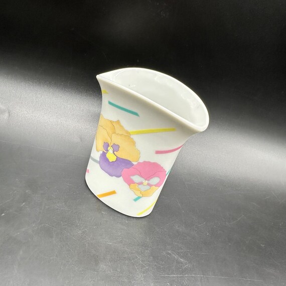 Vintage Bud Vase Takashi Japan Pansy Flowers 1980s Pastel Confetti Floral Flared