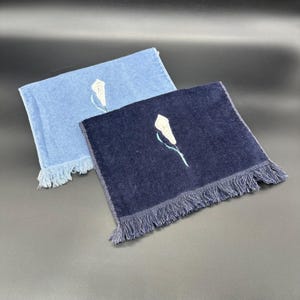 Vintage 1980s Hand Towels Set Of 2 Blue Calla Lily Design Fringed Edges Retro Bathroom Decor