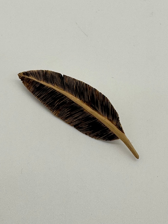 Vintage Leaf Brooch Pin Hand Carved Wood Signed W 