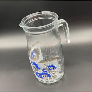 Vintage Pitcher Blue Gold Floral Cerve Italy Glass Retro Kitchen Flowers