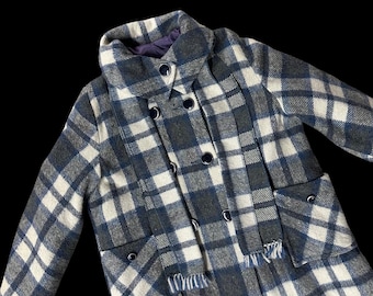 Vintage Womens Coat Scarf Plaid Wool Blend Union Made USA Blue White 1970s