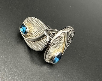 Vintage Swank Silver Toned Oval Cufflinks Blue Rhinestone Mens Estate Jewelry