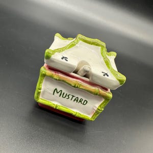 Vintage Mustard Jar Pagoda Ceramic Kitschy Condiment Miniature Green With Spoon