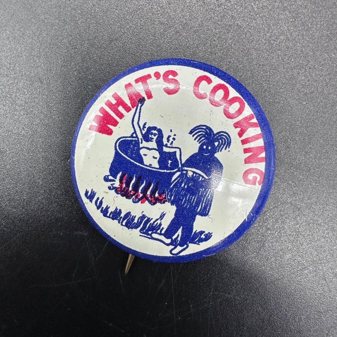 Cook Pin Code Vintage Whats Cooking Pin Back Button Mid Century Kitsch Metal Blue Red ...