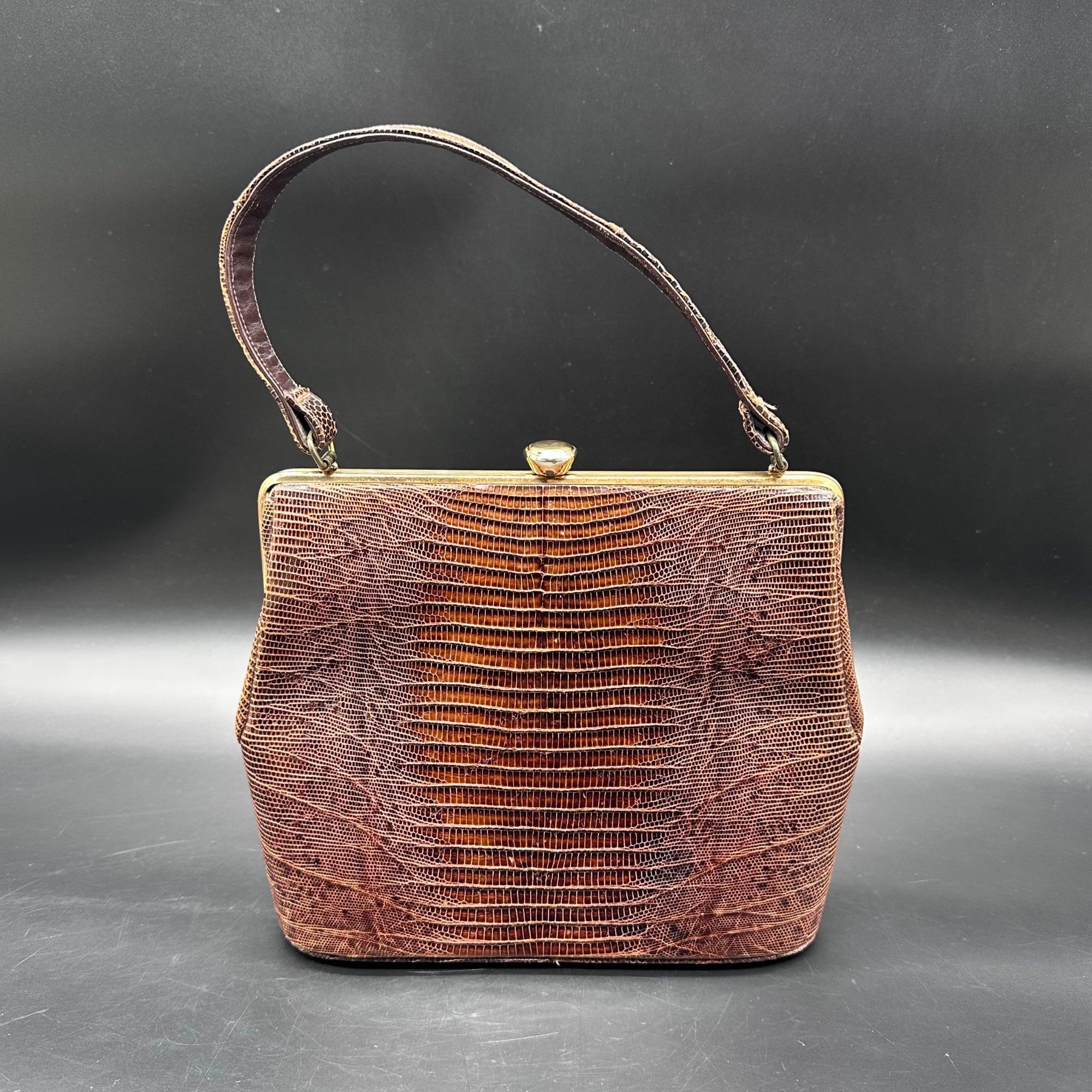 Vintage Purse Lizard Leather Handbag Lesco Mid Century Brown Gold