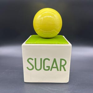 Vintage Sugar Canister Holiday Designs Bubbletop Mid Century Modern Green Yellow White Ceramic
