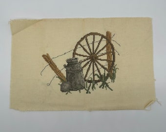 Vintage Cross Stitch Wagon Wheel Fence Finished Handmade Fiber Art