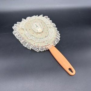 Vintage Hand Mirror Embellished Floral Padded Peach 1980s Made In USA Cottage