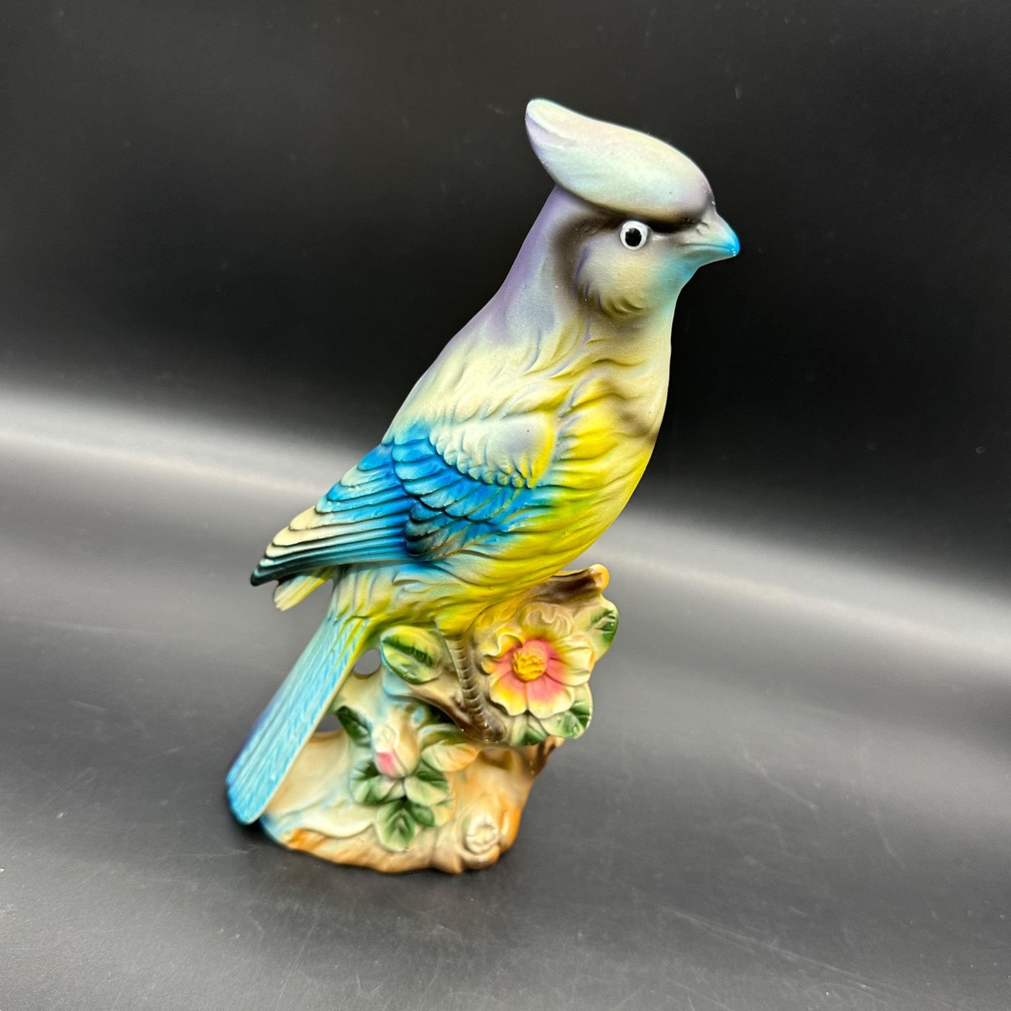 ヴィンテージ ブルージェイ 鳥の置物 手描き 日本製 陶器 花 1950 年代