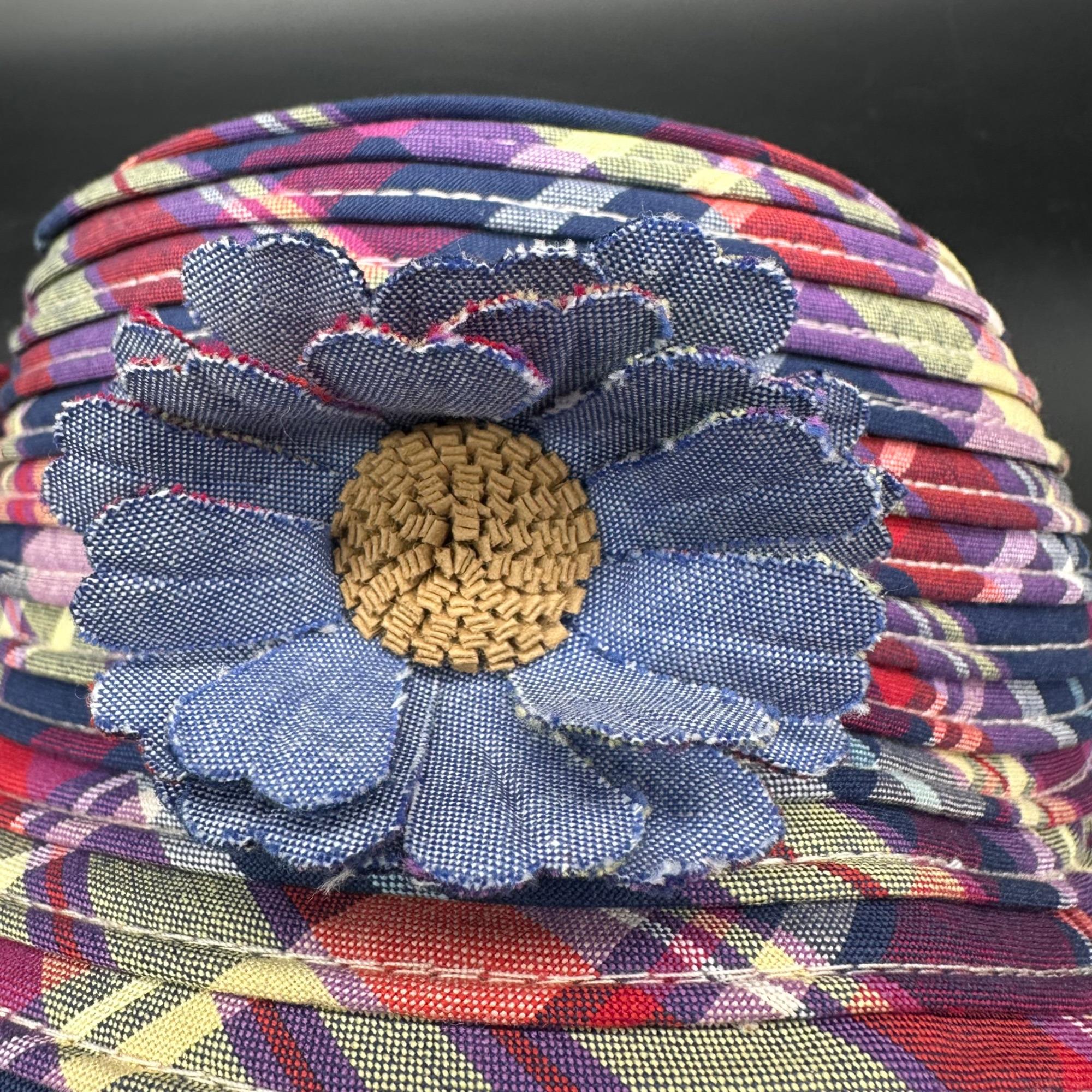 Vintage Plaid Hat 1990s Pink Blue Flower Brooch Accent Y2K 
