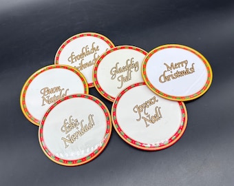 Vintage Christmas Coasters Metal Cork Back Retro Festive Red White Set of 6