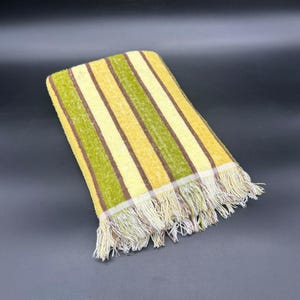 Vintage Striped Bath Towel 1970s Cannon USA Fringe Yellow Green Brown White