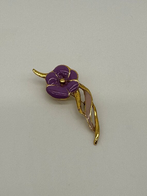 Broche Vintage émaillée à Motifs Fleurs Violettes - Bijou Ancien D'occasion