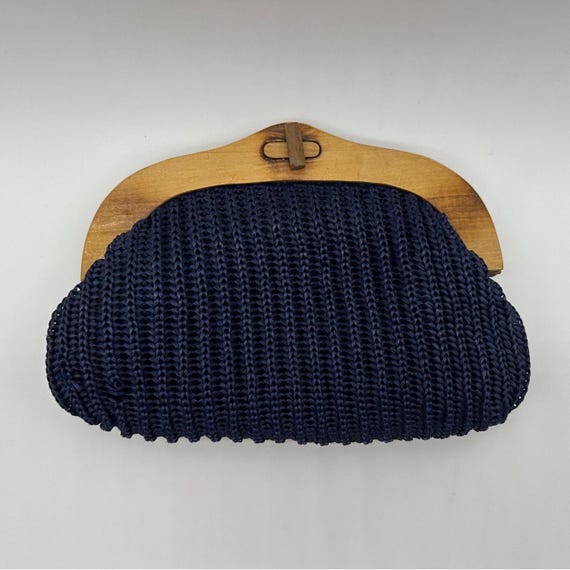 Vintage Clutch Purse 1970s Navy Blue Woven Wooden Frame Hong Kong Retro Bag