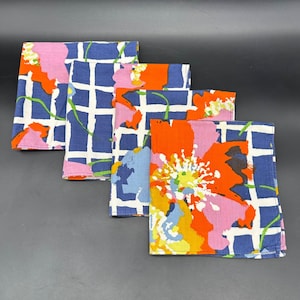 Vintage Napkins Bold Floral Handmade Blue White Grid Orange Pink Set of 4