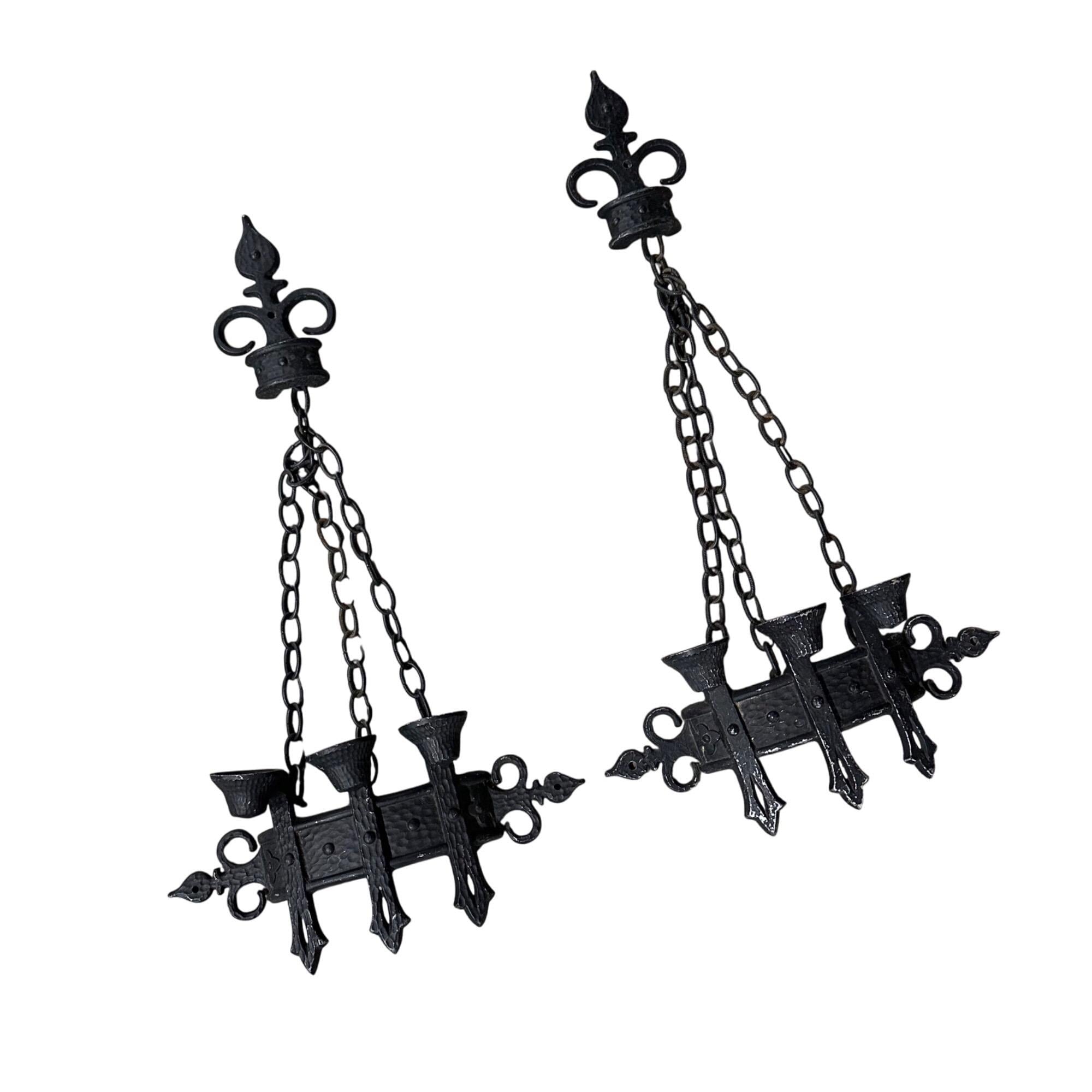 Vintage Medieval Wall Sconces Sexton 1960s Gothic Chains Fleur De