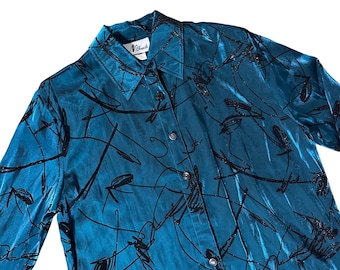 Chemise bleu sarcelle pour femme, chemisier abstrait irisé, épaulettes NTouch, gros boutons