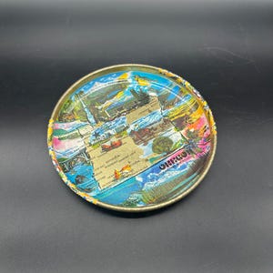 Bandeja vintage de metal redonda de Oregón con forma de mapa de recuerdo, cuenco para dulces y llaves, década de 1970