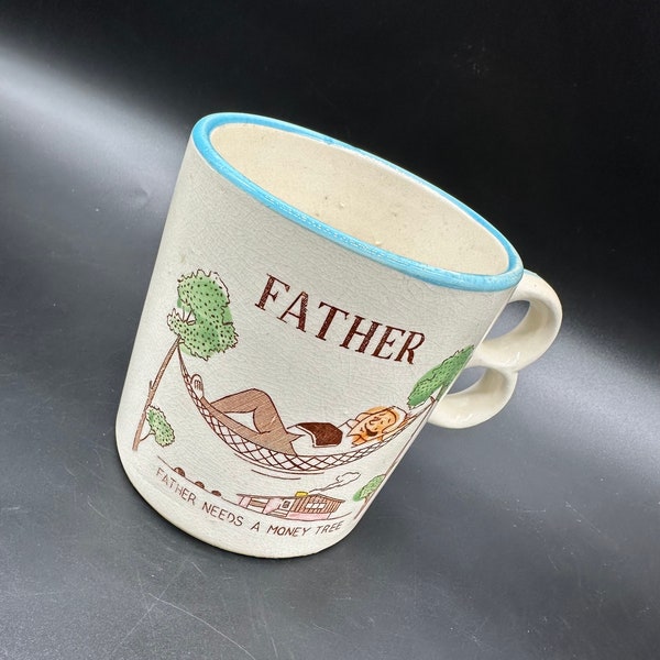 Vintage Coffee Mug Father Money Tree Japan Cup Double Barrel Handle Kitsch Dad Gift Ceramic