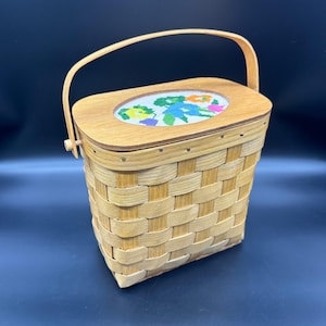 Vintage Basket Purse Wooden Lid Needlepoint Floral Handmade Storage Cottagecore Colorful