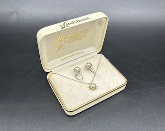 Parure de bijoux vintage Black Hills Boucles d'oreilles Landstroms en or Collier pendentif perle