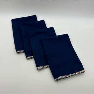 Vintage Navy Blue Napkins Floral Edge Square Set Of 4 Cottagecore Table Linens