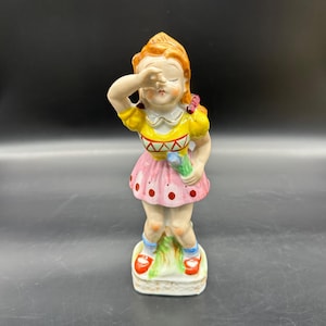 Vintage Girl Figurine 1950s Kitsch Japan Ceramic Sneezing Pink Polka Dot Skirt Flowers