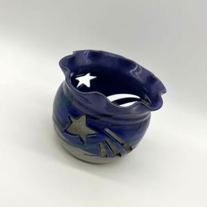 Art Pottery Candle Holder Shooting Star Votive Signed Stoneware Blue Cut Out