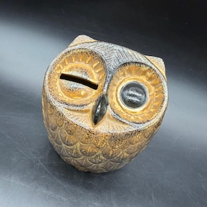 May include: A ceramic owl-shaped coin bank featuring a speckled brown and black glaze. The owl has one closed eye with a horizontal coin slot and one large, round, dark-colored eye. The body is textured with carved feather patterns throughout.