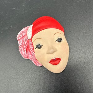 Vintage Brooch Pin Hand Painted Ceramic Womans Face Red Hat Retro Jewelry