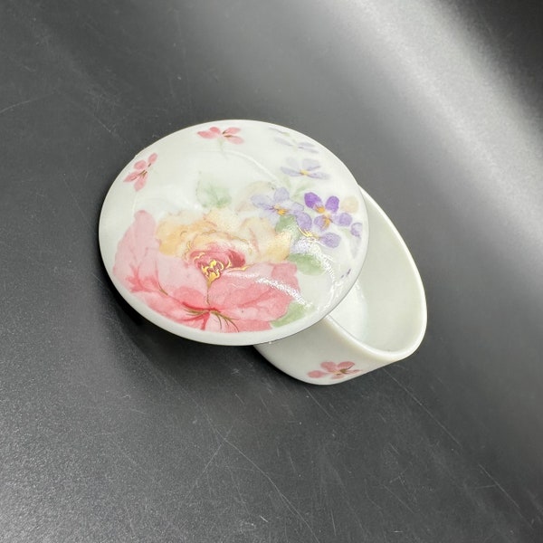 Vintage Trinket Dish Ring Box Porcelain Otagiri Japan Floral Mist Flowers Pink Rose