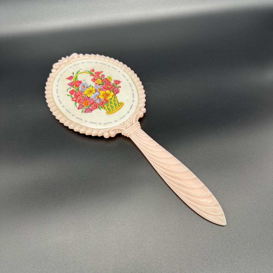 Vintage Hand Mirror 1950s Floral Pink Plastic Flowers Vanity Decor ...