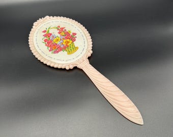 Vintage Hand Mirror 1950s Floral Pink Plastic Flowers Vanity Decor Cottagecore
