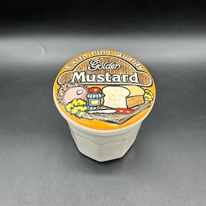 Vintage Canister Jar Storage Container 1970s Golden Mustard Ceramic Lid Kitsch