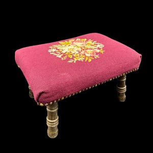 Vintage Needlepoint Footstool Floral Maroon Rose Flowers Wooden Legs Ottoman