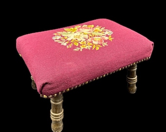 Vintage Needlepoint Footstool Floral Maroon Rose Flowers Wooden Legs Ottoman