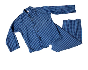 May include: A long-sleeve button-down pajama shirt and matching pajama pants featuring a blue and dark blue checkered pattern. The shirt includes a standard collar and a front button closure, while the pants have a straight-leg design.