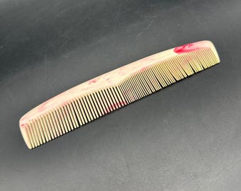 Vintage Plastic Hair Comb Pink White Marbled Swirl USA Retro Bathroom Vanity