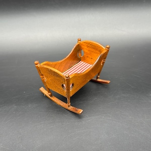 Vintage Wooden Dollhouse Cradle Baby Bed Red White Striped Furniture Miniature
