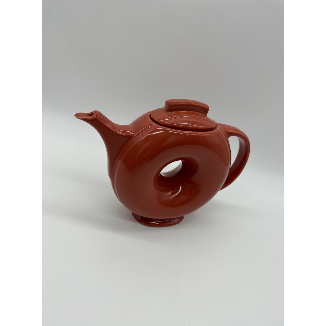 Vintage Hall Donut Teapot Art Deco Style USA Ceramic Red Orange Hole