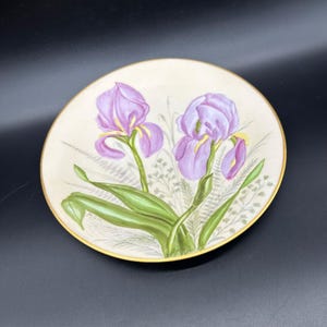Vintage Plate Hand Painted Purple Iris Flowers Gold Floral Spring Crack READ