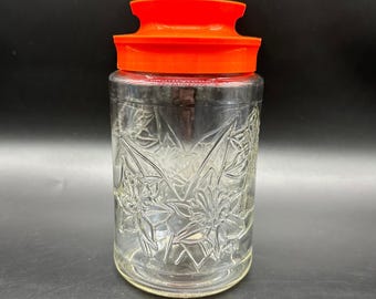 Vintage Jar Glass Canister Orange Lid Daffodil Flower Storage Container 1970s